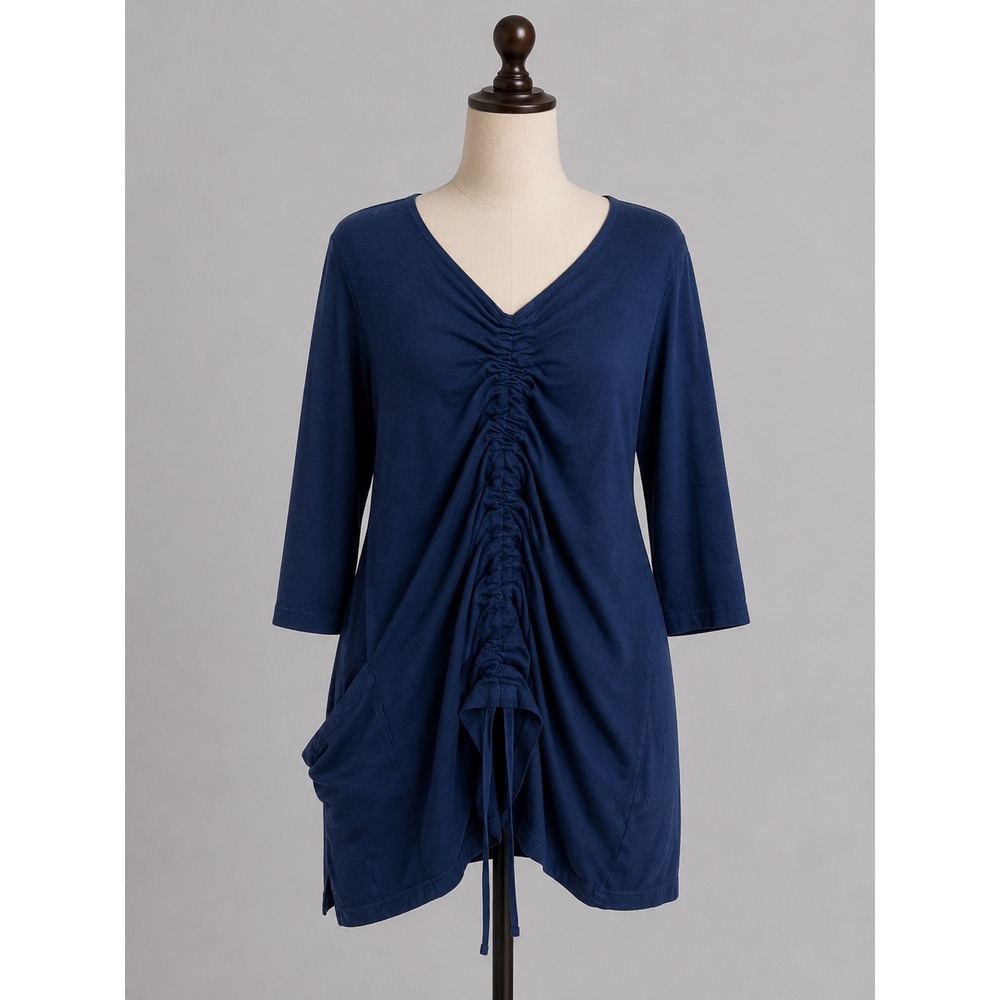 Bryn Walker Navy Blue Ruched Front Tunic Top 3/4 Sleeve V-Neck Lagenlook Medium